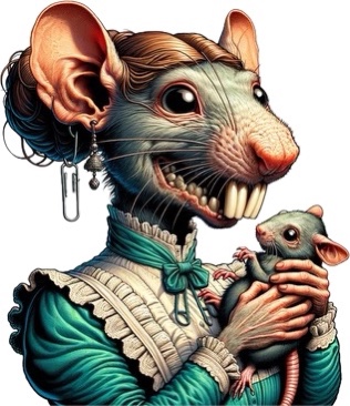 Berta, Imposter Syndrome. An AI-generated image of scary-looking rat in Victorian garb, about to eat a rat baby.