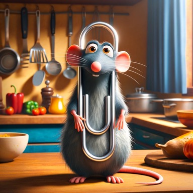 An AI-generated image of a well-fed rat in a kitchen with its head stuck through a paperclip.